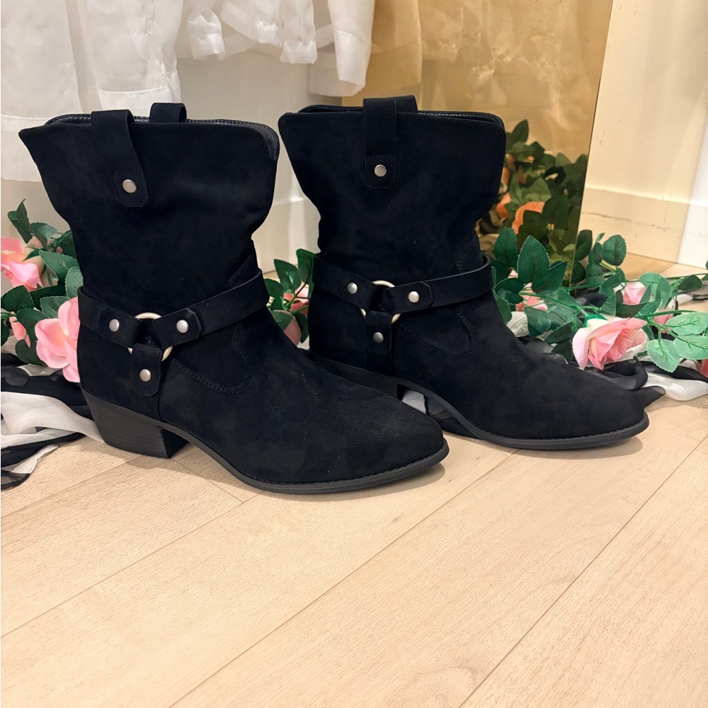 Torrid Black Faux Suede Ankle Moto Boots with Strap Detail size 9.5